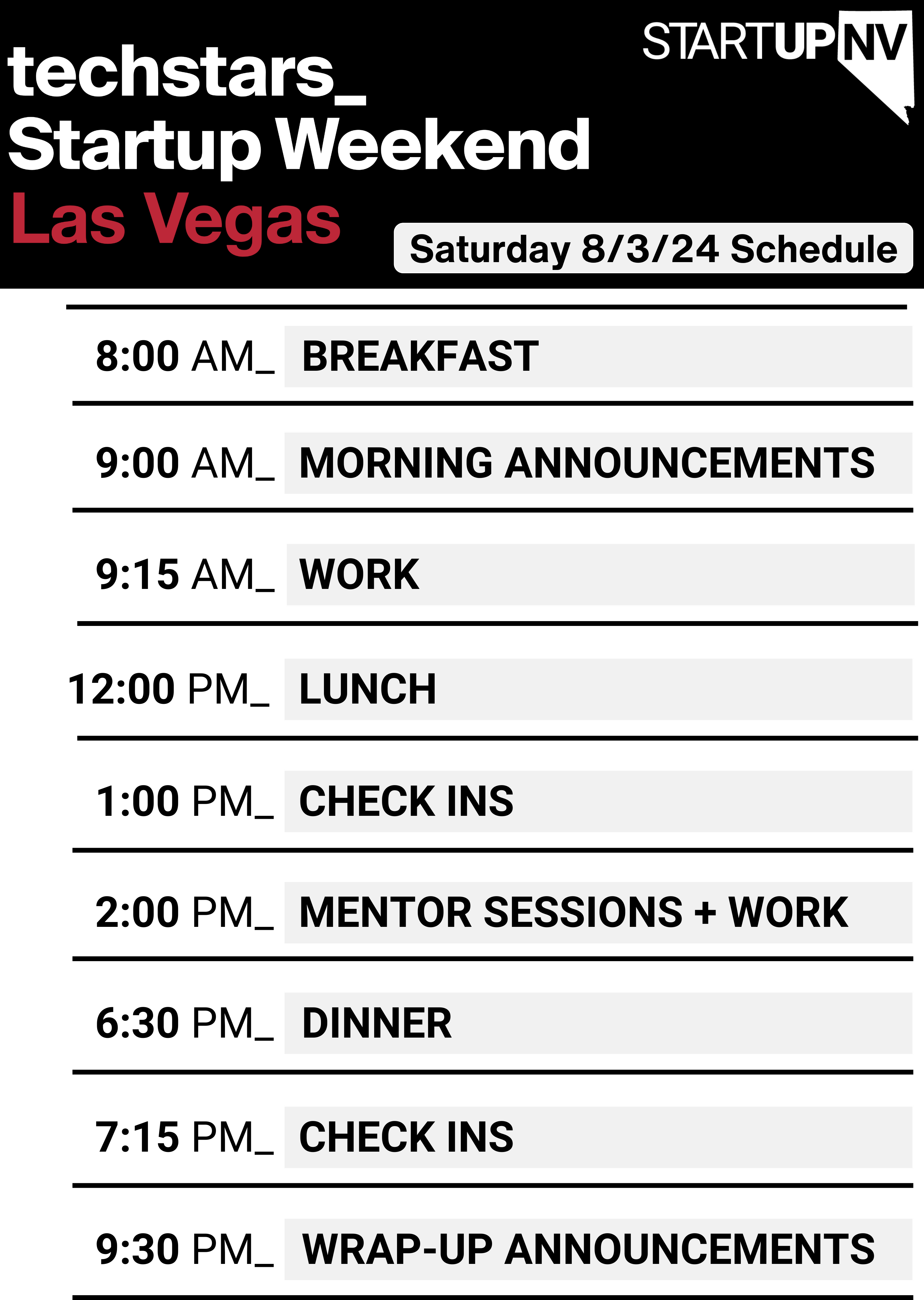 startup weekend saturday schedule